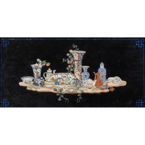 Plateau Marqueterie Pierres Dures à Décor Porcelaines  Du Japon 137 Cm