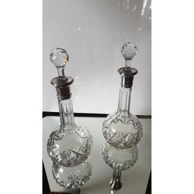 Paire De Carafes En Cristal Et Argent 