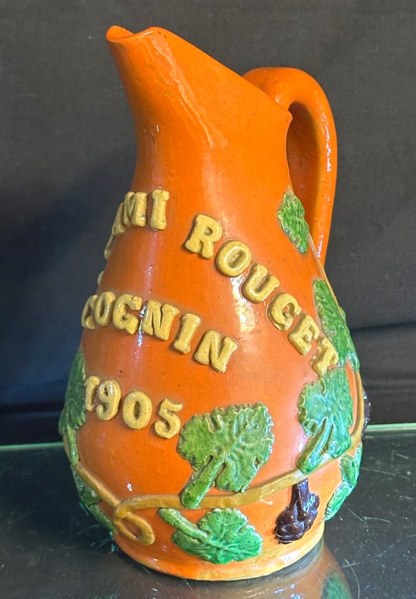 Rare pichet à vin parlant 1905 Barraux Cognin Ami Rouget Art Populaire tres bon état Isère 