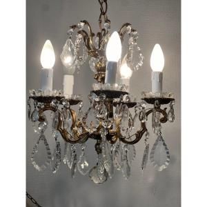 Ref 62 / Bronze Chandelier Crystal Pendants 5 Lights /refurbished