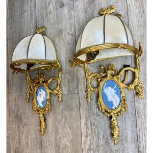 Pair Of Gilt Louis XVI Bronze Sconces Wedgwood Blue And White Porcelain Dome Shades