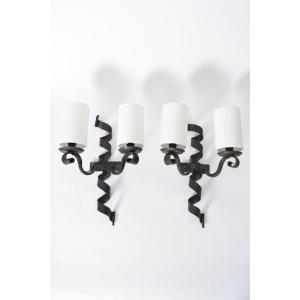 Pair Of Ribbon Wrought Iron Wall Sconces, 1950s.