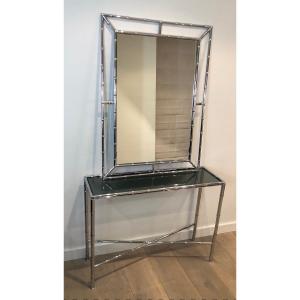 Faux-bamboo Chrome Console And Matching Mirror. French Work In The Style Of Maison Bagués. 1970