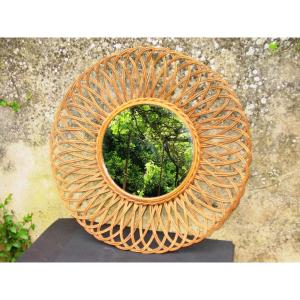 Mirror (dia: 60 Cm.) Sun Wicker 1960 Double Sided Rattan