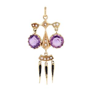 Pendentif Ancient Amethystes Pearls Fine Enamel Black