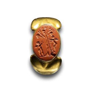 Bague En Or Avec Une Intaille De Récolte d'Erotes. Romain, 1er - 2ème Siècle A.d.  