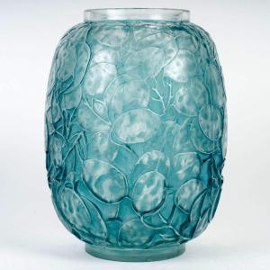 1914 René Lalique - Vase Monnaie Du Pape Verre Blanc Patiné Bleu Turquoise