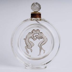 1928 René Lalique - Flacon Le Baiser Du Faune Verre Blanc Patiné Gris Pour Molinard