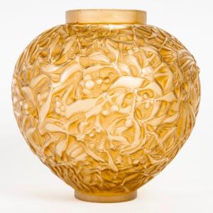 1920 René Lalique - Vase Gui Verre Blanc Patiné Sépia