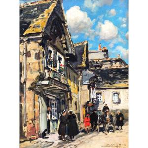 Animation Dans Une Rue Du Faouët Par Eugène Villon - Bretagne