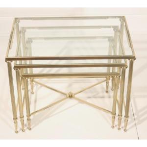 Gilded Brass And Tempered Glass Nesting Tables Attributed To Maison Jansen Mid-20th Century