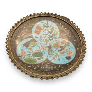 Plat En émail Cloisonné à Décor De Libellule Papillons Oiseaux Monture  Bronze XIXeme émaux