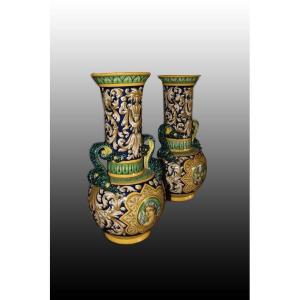 Pair Of Stupendous Italian Vases From The Early 1900s In The Neo-renaissance Style In Richly De