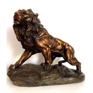 Sculpture D’un Lion En Terre Cuite Vernissée A. Fagotto, Circa 1930