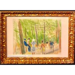 Edmond Amédée Heuzé, Le Parc, Pastel Sur Papier Signé, école Française