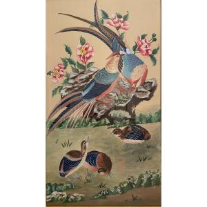 Grande Gouache Sur Papier Représentant Des Oiseaux Dans Le Style Chinoisant Monogrammé H.F.