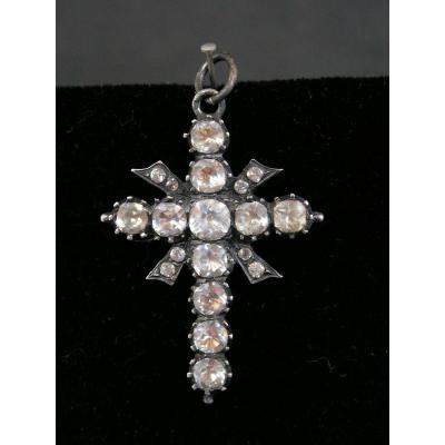 Cross Pendant In Silver Vermeil And White Stones XIXth