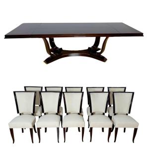 Art Deco Dining Table With 10 Chairs, Macassar, Brass, Paris Circa 1930