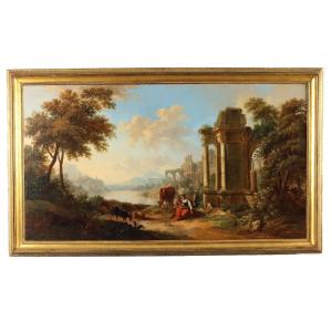 River Landscape With Shepherdess And Ruins Signed Christian Georg Schütz