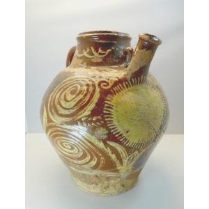 Large Oil Jar, In  Sun, Glazed Majolica Val De Saône, 18th-19th Century