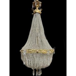 Large “pearl Bag” Chandelier In Bronze And Crystal, Late 19th Century.