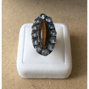 Bague argent, oeil de tigre et topazes