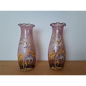 Legras , Paire De Vases , Verre émaillé , Dahlias , Art Nouveau , Fin XIX°/début XX°. 