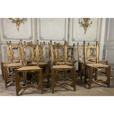 Suite Of 12 Carved Wood Chairs, Italy