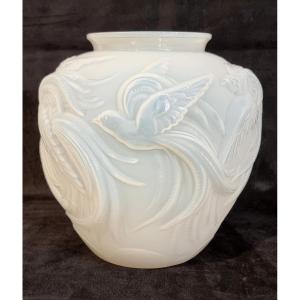 Verlys Vase Opalescent Oiseaux Du Paradis Art Déco 1930 