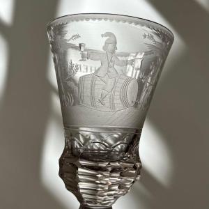 Large Cut Glass With Engraved Decor Of A Man Drinking From A Barrel Netherlands (?) 18th Century