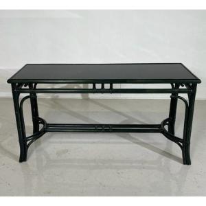 Bamboo Style Console In Green Lacquered Wood And Black Glass Shelf