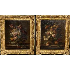 Pair Of Bouquets Of Flowers On Entablatures, Oils On Canvas, 18th - 19th Century