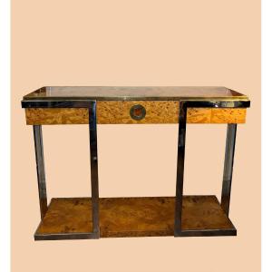 Console In Elm Burl And Gilded Brass “alveo Collection”, Ed. Mario Sabot, Circa 1970