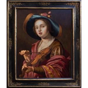 Jeune musicienne. Peintre Caravagesque Nordique du XVIIème Siècle.