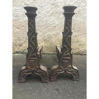 Rare Pair Of Andirons Renaissance Iron Cast Iron XVth Time