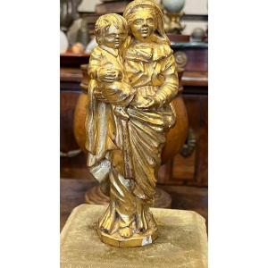 Statuette Of The Virgin And Child, Gilded Wood, 18th Century.