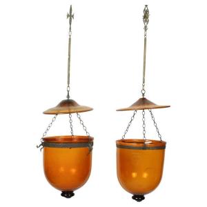 Val Saint Lambert, 2 Bubble Glass Lanterns, Late 19th Century, Signed Degrelle