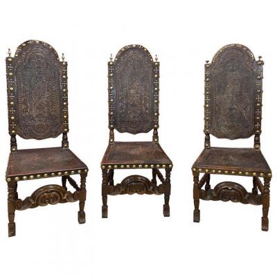 3 Large Leather Chairs From Cordoba, Spain XIX Eme, Provenance Chateau Center De France