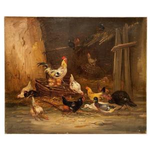 Claude Guilleminet (1821-1885). Farmyard Scene, Oil On Canvas