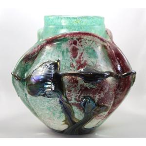 Jean Claude Novaro (1943-2014), Vase En Verre épais Ventru, Signé, XXe