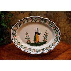 Henriot Quimper, Large Decorative Dish Signed Hr Breton Character, Woman In Traditional Clothing 