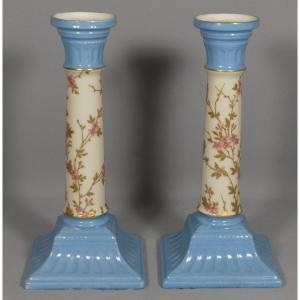 Pair Of Porcelain Candlesticks Hand Painted With Flowers And Gilded With Fine Gold