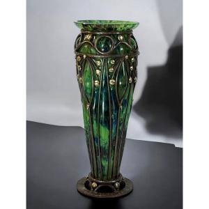 Vase En Verre Soufflé Et Fer Forgé Signé. " Delatte Nancy " époque Art Déco.