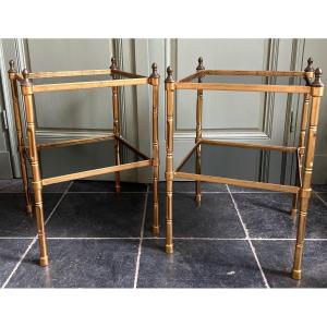 Paire De Bouts De Canapé Faux Bamboo En Bronze & Plateaux Miroirs