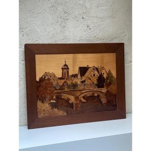 Wood Marquetry Painting Signed Joseph Aufderbruck