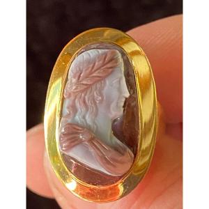 Bague Au Camée En Agate : Empereur à La Couronne De Laurier XIX Eme Siècle 