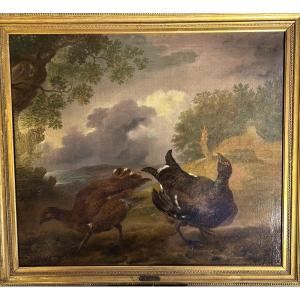 Oil On Canvas From The 18th Century Representing A Pair Of Grouse, School Of Jean-baptiste Oudry