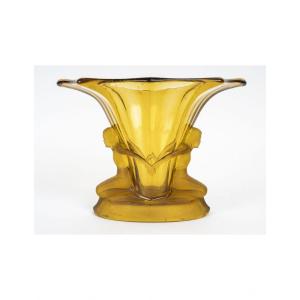 Coupe Des Années 1930, D’époque Art Déco En Pâte De Verre De Couleur Jaune.