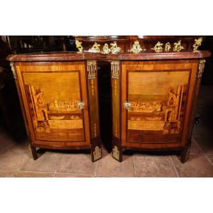 Pair Of Corner Cabinets With Architectural Scenes, Stamped Caumont