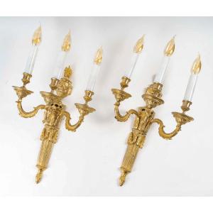 A Pair Of Louis XVI Style Ormolu Three-light Sconces Circa 1850